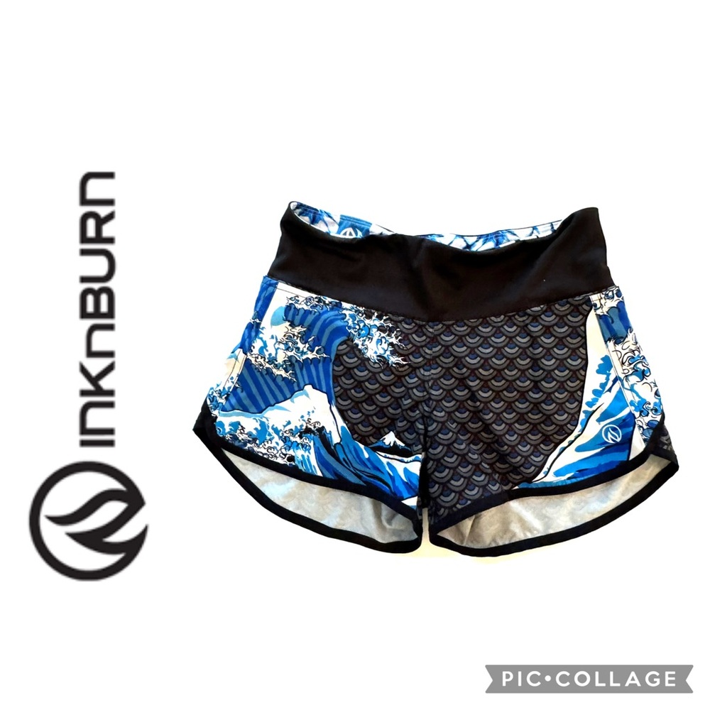 🦋INKnBURN Blue & Black Athletic Shorts with Japanese Style Wave Pattern🦋